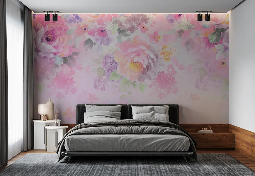 پوستر دیواری 3 بعدی اتاق خواب عروس و داماد گلهای رز صورتی